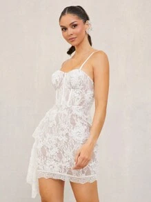 Lumalex Women's Mini Dress With Lace 3D Flowers, Spaghetti Straps, Flounce Trim