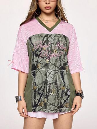 Kawaii Tee-shirt en maille à col V avec imprimé camouflage doux et épicé, style streetwear Y2K pour femmes