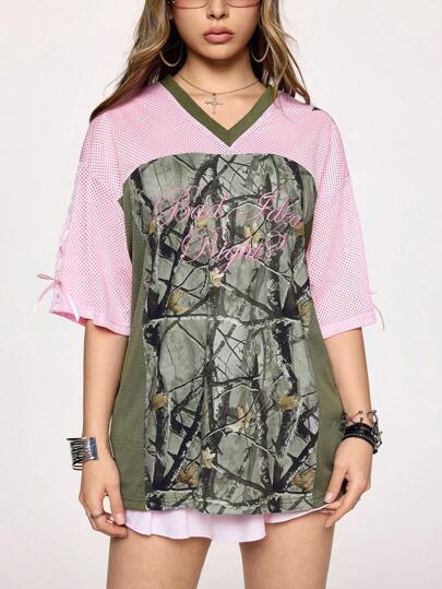 Kawaii Y2K Streetwear Sweet & Spicy Camouflage Printed V-Neck Mesh Tee Shirt For Women