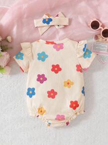 2件套婴儿女童圆领荷叶边彩色碎花短袖连体衣，配发带，可爱舒适，适合春、夏、秋季穿着。 - 彩色 - 查看 2