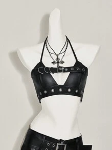 SHEIN ICON Áo ba lỗ hở lưng bằng da PU Grommet trang trí Y2k hở lưng kiểu Goth dành cho nữ, thời trang tối giản, mặc thường ngày - màu đen - Xem 8