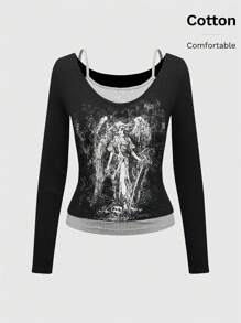 ROMWE Goth Vintage Wing Statue Print Patchwork 2 In 1 T-Shirt - Black - View 5