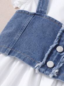 2pcs/Set Tween Girl White Cap Sleeve Dress With Distressed Denim Camisole, Casual & Semi-Formal Set For Spring/Summer,Holiday,Summer,Travel