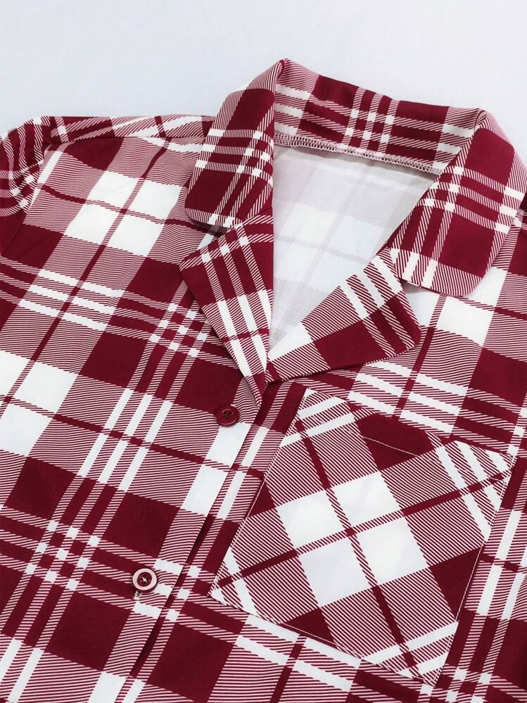 Conjunto de pijama de 2 piezas con camisa de manga corta y shorts a cuadros rojos clásicos, moderno y de moda para mujer - Rojo - Añade 8