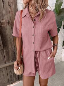 SHEIN Clasi Set de 2 piezas de camisa de manga corta y pantalones cortos de unicolor para mujer, uso casual sencillo y de moda diario