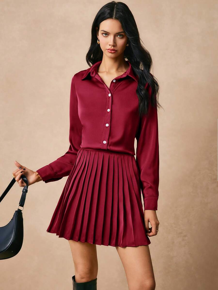 Poéselle 2 Pieces Set: Women Solid Button Front Long Sleeve Top And A-Line Skirt, Casual Outfit - Burgundy - View 1