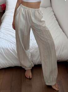 DAZY 简约条纹宽松抽绳裤，家居服下装睡衣 - 卡其色 - 查看 3