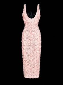 SHEIN ICON Bodycon Rose Floral Jacquard Long Dress - Pink - View 1