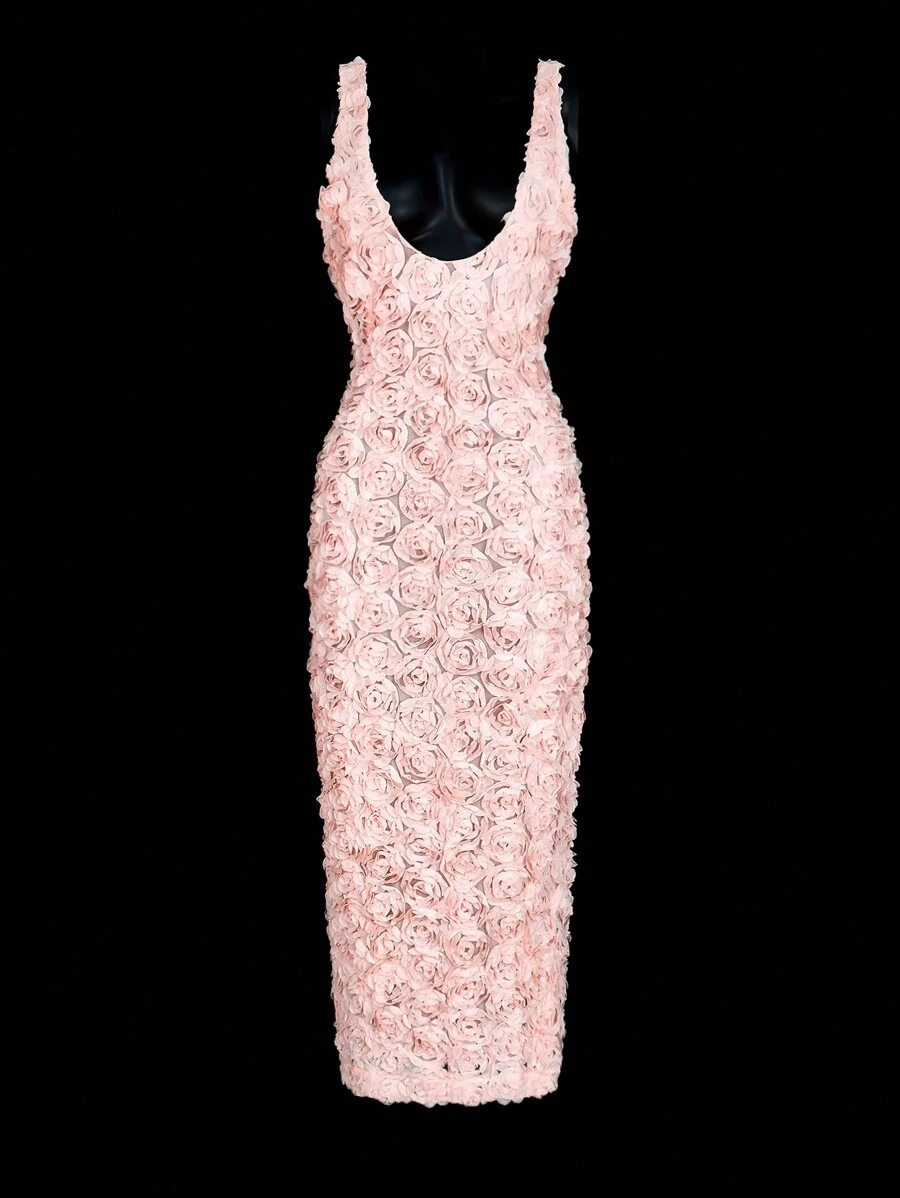 SHEIN ICON Bodycon Rose Floral Jacquard Long Dress - Pink - View 1