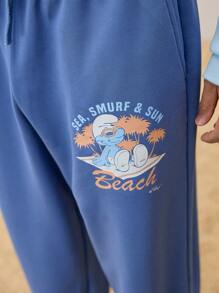 SHEIN X The Smurfs 男士休闲卡通印花抽绳腰运动裤 - 藍色 - 查看 6
