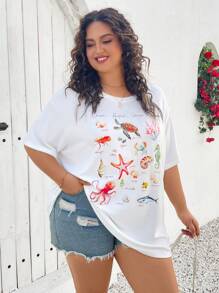 SHEIN CURVE+ Áo phông cỡ lớn, áo phông đơn giản, giản dị, cổ tròn, tay ngắn, họa tiết động vật phong cảnh biển, dáng rộng cho nữ, mùa hè - trắng - Xem 6
