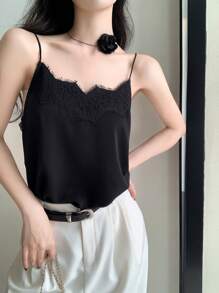 DAZY 女士雪纺蕾丝吊带背心，简约风格套装内衬，宽松夏季外套 - 黑色 - 查看 2