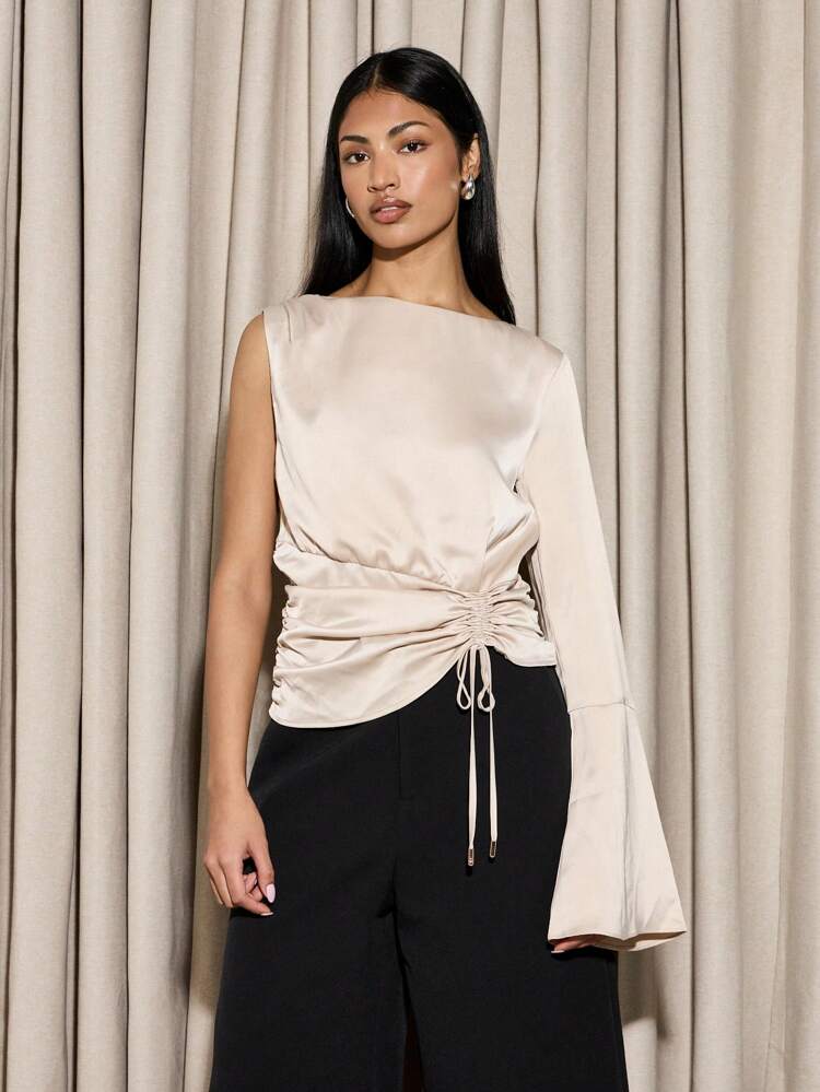 Asymmetric One Sleeve Ruched Satin Blouse