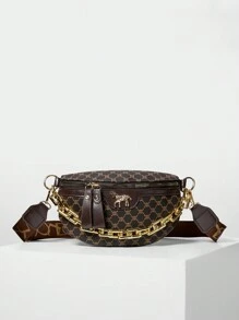 新款时尚休闲女包 亚克力链条一体式腰包，鳄鱼纹胸包，复古百搭，礼品装，红色圣诞冬季圣诞礼物 - 咖啡棕 - 查看 1
