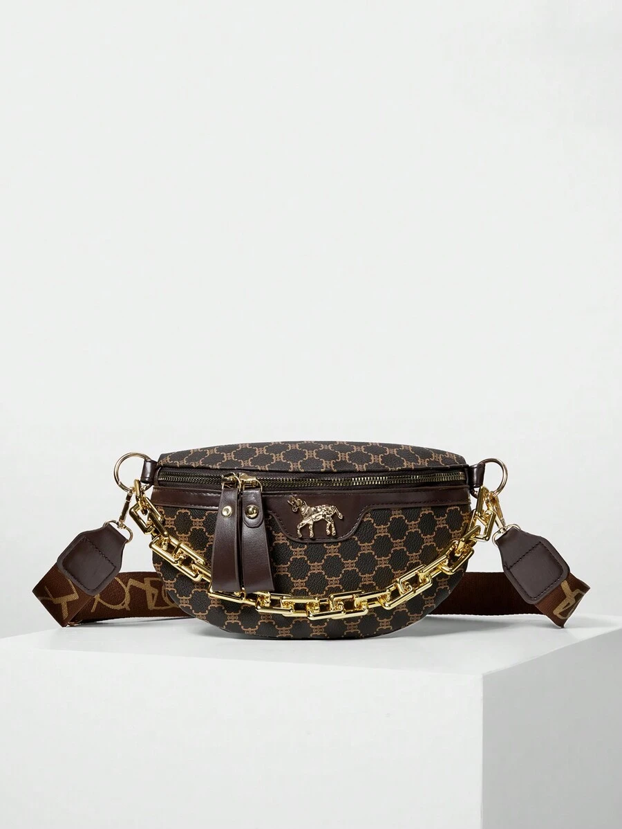 新款时尚休闲女包 亚克力链条一体式腰包，鳄鱼纹胸包，复古百搭，礼品装，红色圣诞冬季圣诞礼物 - 咖啡棕 - 查看 1