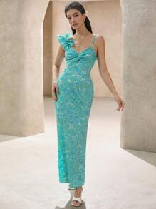 Chiquease Elegant Floral Print One Shoulder Ruched Ruffle Hem Fitted Mermaid Dress For Women, Romantic Holiday Resort Style All Over Print  For Summer - Multicolor - View 6