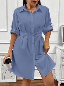 SHEIN Clasi Plus Size Solid Color Simple Fashion Casual Everyday Dress - Dusty Blue - View 4