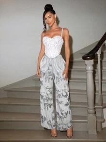 Zolique Pantalon long femme simple ample et sexy imprimé en feuille d'argent, pour un port casual quotidien