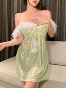 DAZY Solid Color Sleeveless Feather Sexy Nightgown For Women - Beige - View 5