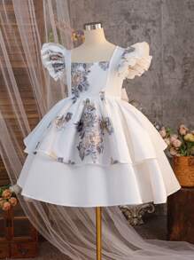 SHEIN Vestido de fiesta para niña preadolescente con jacquard floral, malla, diseño de peplum y volantes en capas, hilos metálicos, elegante, informal para vacaciones, fiesta blanca, vestido de princesa, para fiesta de cumpleaños, festival, Día de San Valentín