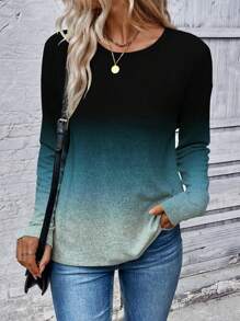 SHEIN LUNE New Plus Size Women Gradient Color Print Round Neck Long Sleeve T-Shirt Graphic Tees Women Tops For Spring - Multicolor - View 3