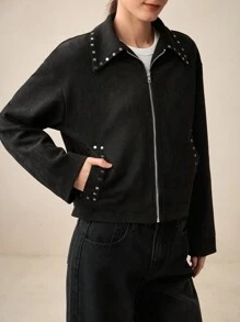 BizChic Women's Elegant Turndown Collar Rivet Decorated Commuter Jacket, Suitable For New Year Party, Spring/Summer - Black - View 4