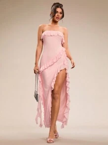 SHEIN BAE Summer Beach Vacation Solid Pink Sexy Backless Lotus Leaf Dress Tube Top Super Long Wedding Dress Bridesmaid Dress Dating Dress Party Dress School Season Dress Holiday Dress Birthday Dress Night Out Dress Summer Outfits For Women/Spring Clothes/Valentine's Day Outfit/Carnival/Beach Vacation Outfits