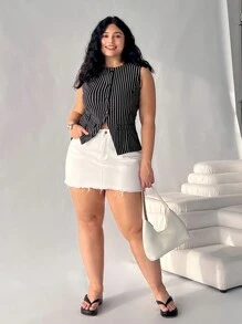SHEIN EZwear 大码西装，商务休闲女士，条纹无袖背心，春夏装