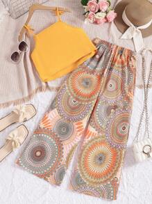 SHEIN Conjunto informal de 2 piezas para niñas preadolescentes con top de tirantes de unicolor y pantalones de pierna ancha con estampado de mandala, ideal para resort y vacaciones