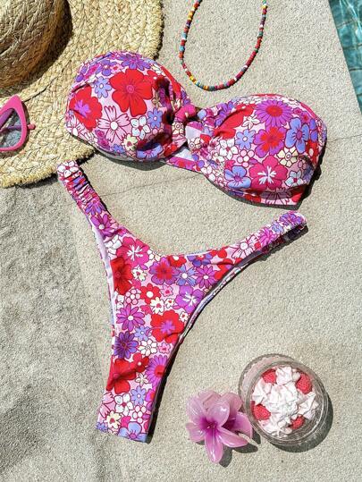 SHEIN VCAY Conjunto de bikini de 2 piezas con top bandeau y Bottom con estampado floral para mujer, para verano, vacaciones en la playa, primavera y verano, atuendos de verano para mujer, atuendos de vacaciones para mujer, atuendos de playa para mujer, atuendos de primavera para mujer, atuendo de concierto para mujer, boho, atuendos de rave festival, atuendos de festival para mujer, spring break, atuendos de vacaciones en la playa, traje de baño, bikini push up