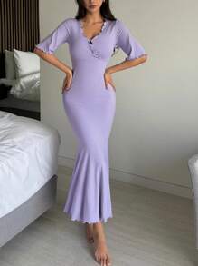 DAZY Ribbed Knit Ruffle Hem Fitted Mermaid Hem Lounge Dress Pajama - Purple - View 3