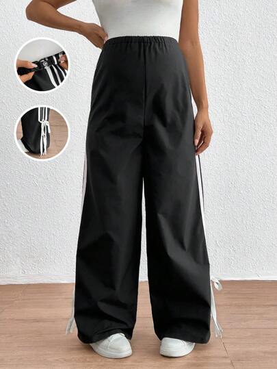 SHEIN 孕妇黑色侧面对比白色带子松紧腰裤