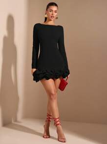 SHEIN BAE Mùa thu Đông Hè Giáng sinh Quần áo Quần áo năm mới Váy năm mới Váy tutu đỏ ngọt ngào Váy dài tay thanh lịch - màu đen - Xem 7