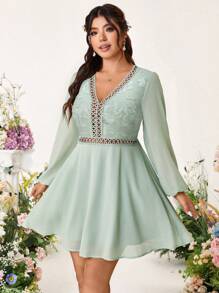 Allurite Lace Hollow Textured Fabric Splice V-Neck Dress, Wedding