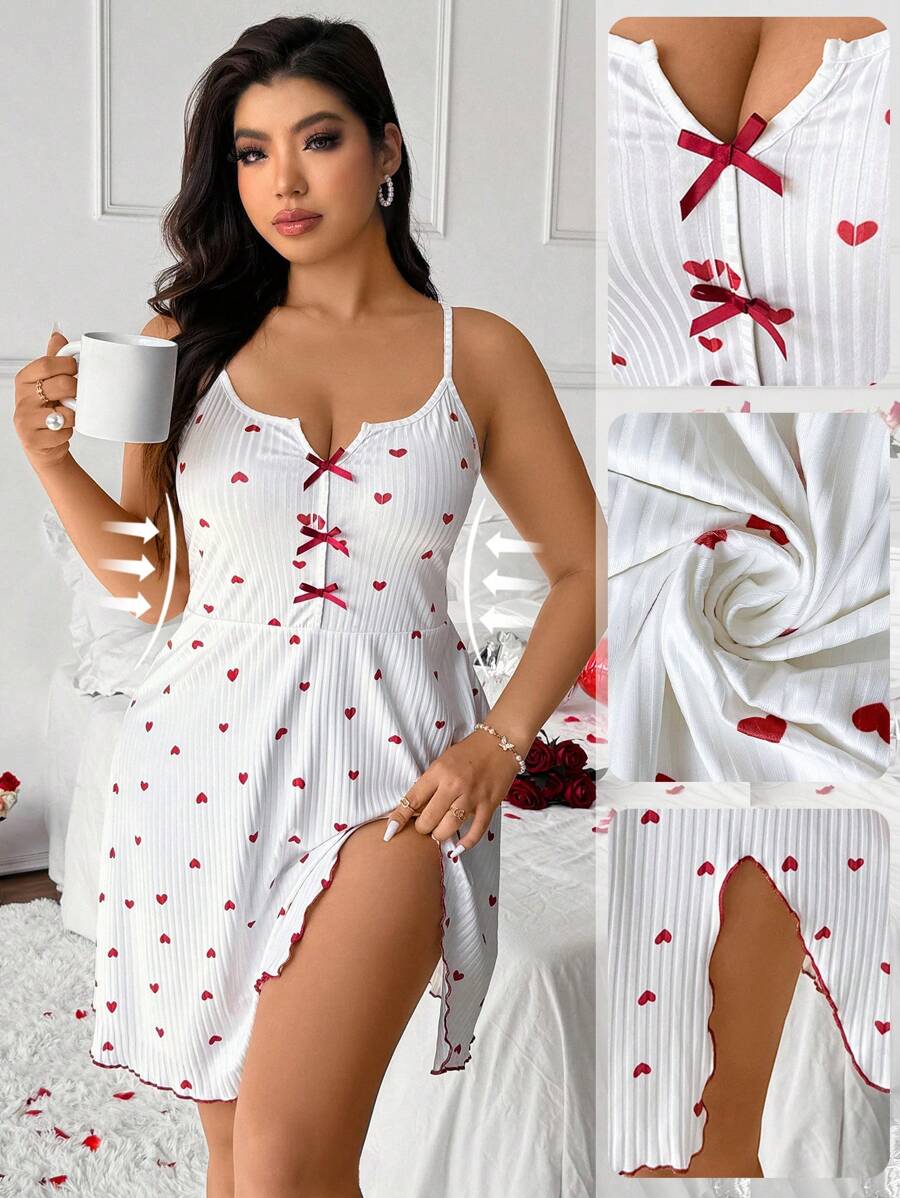 Celure Vestido midi con estampado de corazones en todo el Body, decoración de moño y tirantes divididos, para mujer talla grande, para San Valentín en verano - Blanco - Ver 1