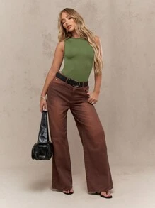 MISSGUIDED Body sin mangas acanalado de cuello alto, maillot básico para actividades, danza, yoga, entrenamiento, ajuste ceñido, para verano y primavera - Verde militar - Ver 5