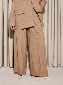 AiiRZ Ensemble costume à rayures fines oversize, blazer et pantalon à jambe évasée. Tenue de bureau professionnelle deux pièces, coordonnée sur mesure contemporaine pour l'automne et l'hiver - Kaki - Voir 6