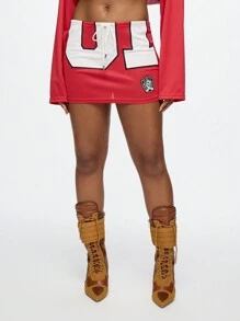 SUMWON WOMEN Retro Sports Team Jersey Mini Skirt With High Waist Drawstring Design, Athletic Style Short Skirt With Logo Badge, Perfect For Cheerleader Costume Party Dance Team Spirit Wear UniForm - Red - View 1