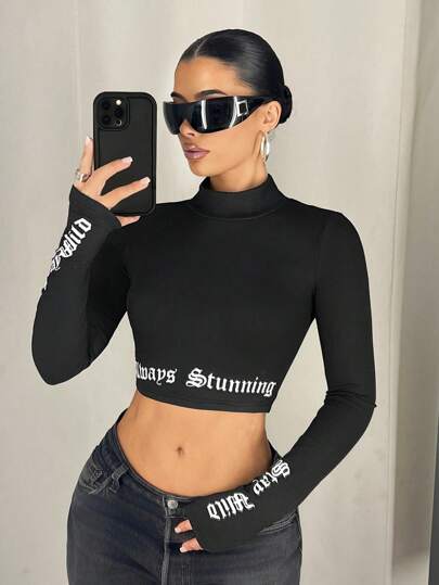 SHEIN ICON Black Gorpcore Standing Neck Thumbhole Cut Letter T-Shirt