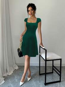 Elenzga Nuevo vestido línea A de mujer con cuello cuadrado y mangas abullonadas, unicolor de alta elasticidad, estilo elegante y sofisticado, ajuste ceñido, cintura entallada, ideal para uso diario/casual en otoño/invierno