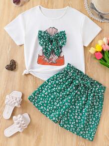 Bộ 2 quần short họa tiết bướm 3D và áo thun tay ngắn cho bé gái - Nhiều màu - Xem 1