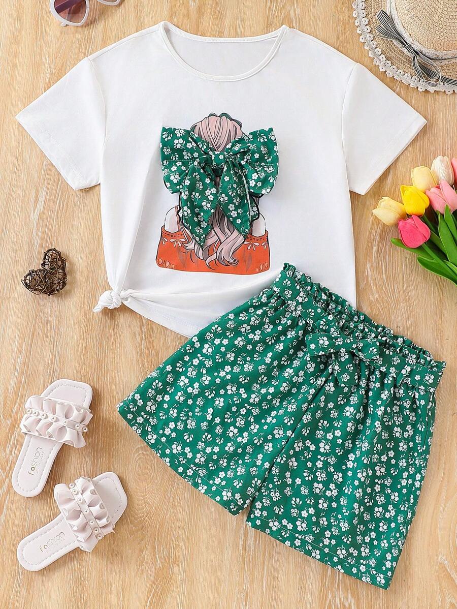 Bộ 2 quần short họa tiết bướm 3D và áo thun tay ngắn cho bé gái - Nhiều màu - Xem 1