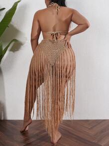 Swim SXY Plus Size Women Lightweight Fringe Hem Cover Up Dress With Side Slit, Tie Waist And Open Back, Beach Cover Up, For Summer Vacation - Khaki - View 2
