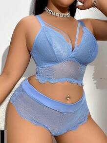 Wedding Eyelash Lace Plus Size Wireless Underwear Lingerie 2 Pieces Set