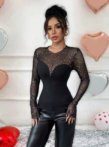 Calvaya Sexy Slim Fit Long Sleeve T-Shirt With Mesh & Sequins Splicing Details