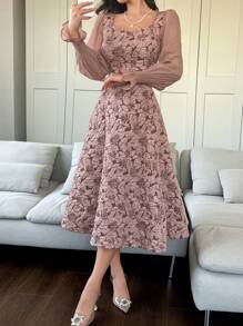 DAZY 优雅女士中长款雪纺花卉拼接方领泡泡袖连衣裙，春季秋季长袖连衣裙，复活节 - 粉色 - 查看 4