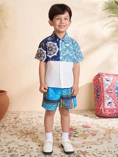 2pcs/Set Toddler Boys Solid Color Button Front Short Sleeve Casual Top And Shorts Set