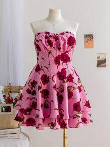 Soleia 大码女式玫瑰花朵印花露肩松紧腰可爱连衣裙，适合秋季度假、返校 - 粉色 - 查看 1