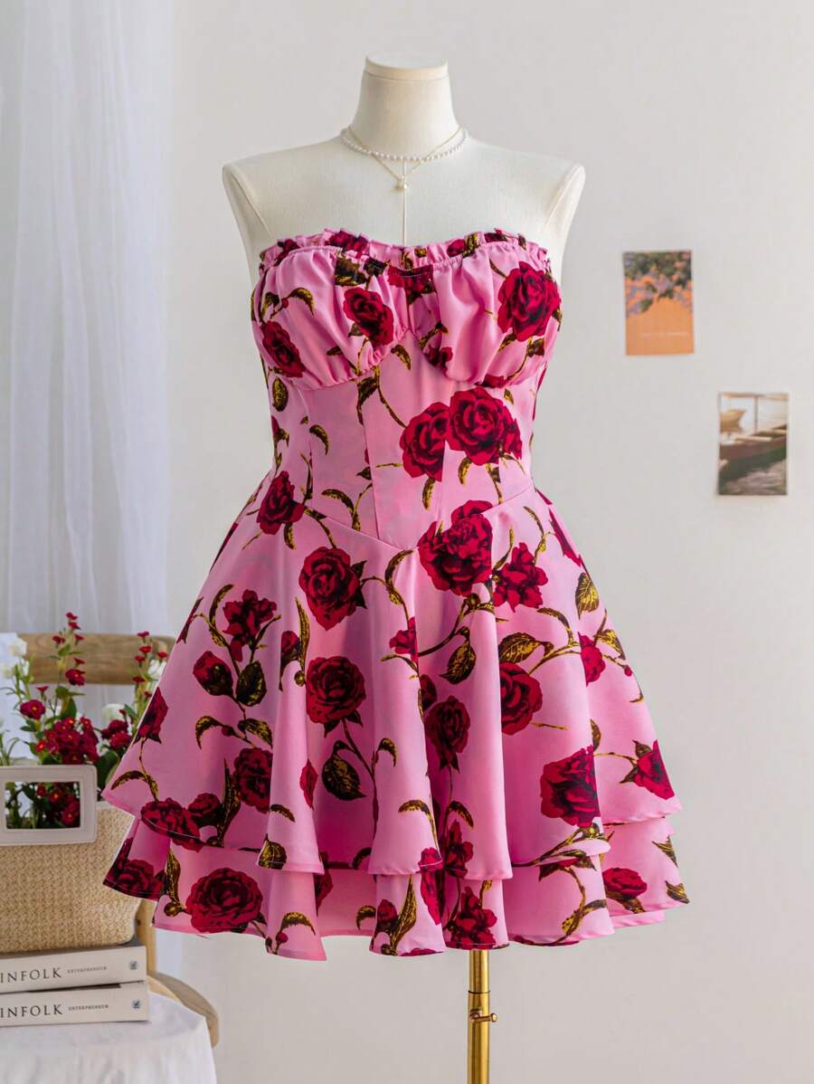 Soleia 大码女式玫瑰花朵印花露肩松紧腰可爱连衣裙，适合秋季度假、返校 - 粉色 - 查看 1