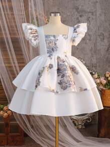 SHEIN Vestido de fiesta para niña preadolescente con jacquard floral, malla, diseño de peplum y volantes en capas, hilos metálicos, elegante, informal para vacaciones, fiesta blanca, vestido de princesa, para fiesta de cumpleaños, festival, Día de San Valentín
